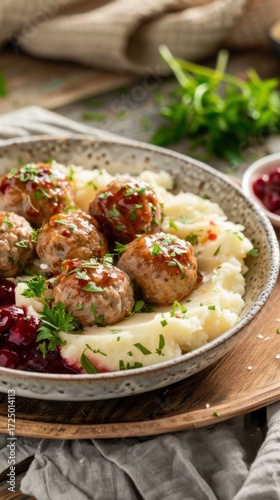 A rustic ceramic plate presents juicy meatballs nestled atop fluffy mashed potatoes, complemented by a vibrant lingonberry sauce. Herbs garnish the dish in a warm, Nordic kitchen setting