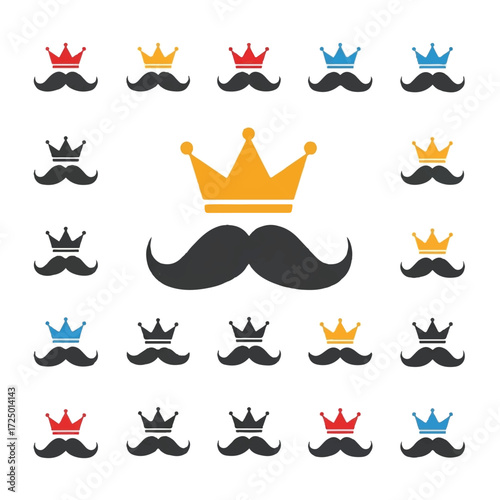 Collection of mustaches wearing crowns displayed on white backdrop creates a playful and regal pattern, perfect for themed party or celebration, conveying festive mood.