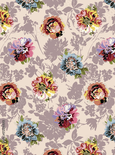 Abstract solid vector textile design, arrangement with multicolored big aster flowers, all-over seamless pattern with silhouettes of  plant background illustration, digital image printing factory
