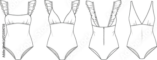 Women’s one piece swimsuit fashion sketch, technical drawing swimwear design, ruffle strap bathing suit illustration, deep V neckline, square neck, minimalist style, vector outline