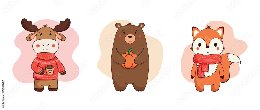 Fototapeta premium Forest animals, moose, bear, fox. Autumn characters in warm clothes. Cute animals in flat style, doodle clipart