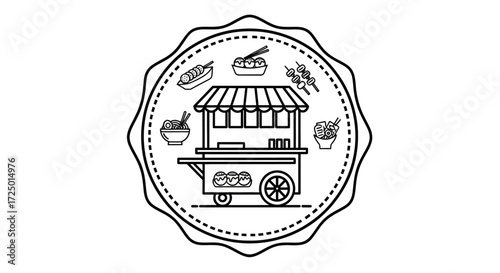 Iconic black and white illustration of a mobile street food stand, showcasing various quick-serve snacks and a dynamic urban dining culture, representing diverse culinary experiences