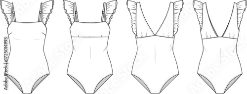 One piece swimsuit fashion illustration, technical flat drawing, front side back views, ruffle strap swimwear design, deep V back, square neckline, garment construction details