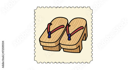 Iconic vector illustration of traditional Japanese wooden geta sandals with classic red fabric straps, symbolizing ancient Asian culture and unique footwear fashion