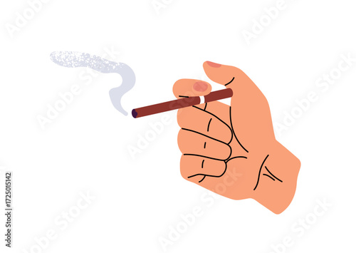 Burning cigarette with a cloud of fume, vapour in human hands, fingers. Smoker with nicotine addiction holds smoldering slim cigar. Person smokes cig. Flat isolated vector illustration in white