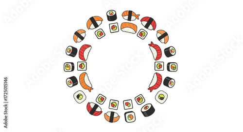 Delightful illustration of fresh Japanese sushi and maki rolls arranged in a colorful circular frame, perfect for menus, food promotions, or celebrating Asian cuisine
