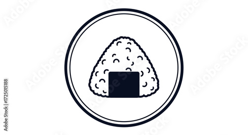 Clean vector illustration of a classic Japanese onigiri, a staple rice snack, presented as a black and white icon within a perfect circle, ideal for food-related designs and culinary themes