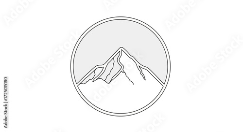 Minimalist mountain peak design, elegant lines within a circular frame, embodying nature's grandeur as a versatile symbol for adventure and outdoor inspiration