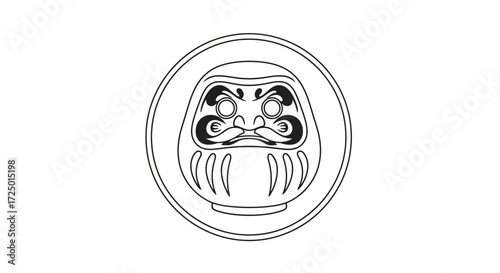 Minimalist black and white line illustration of a traditional Japanese Daruma doll, a powerful cultural symbol representing good luck, perseverance, and goal attainment