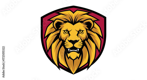 Fierce golden lion head roaring in a shield, a vector graphic for mascots, team logos, or emblems, symbolizing strength, courage, and leadership
