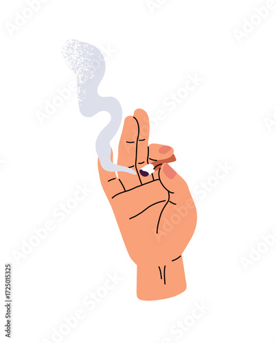 Smoker with little butt of burning cigarette in fingers. Smoldering cigar stub with cloud of fume, steam in human hand. Person smokes cig. Flat isolated vector illustration on white background