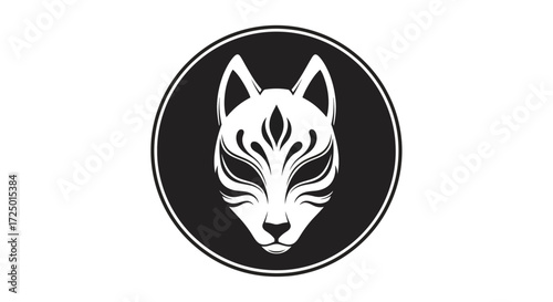Elegant monochrome fox mask illustration embodying ancient Japanese folklore and mystical traditions, a symbolic design concept