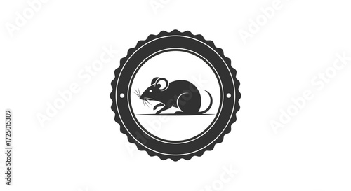 Stylized graphic design of a small mouse silhouette enclosed within a classic serrated circular emblem, offering a versatile monochrome symbol for various creative projects and branding