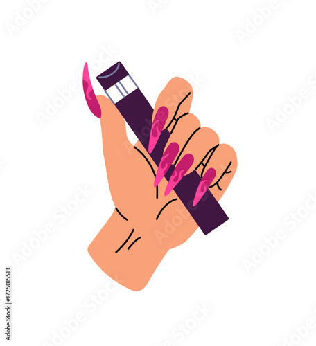 Vape pen, pod is in female hand with fashion manicure. Woman holds electronic cigarette, ecigarette, e cig. Modern equipment, device for smoking. Flat isolated vector illustration on white background