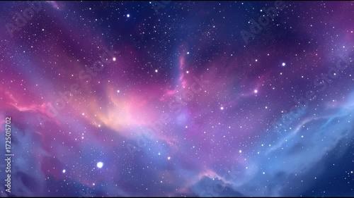 Universe galaxy background with glowing stars, nebula clouds and distant space purple tones.