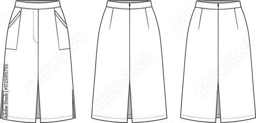 Fashion technical sketch skirt design, front view illustration, flared silhouette, inverted box pleat, pocket detail, garment construction drawing, apparel flat, clothing template vector