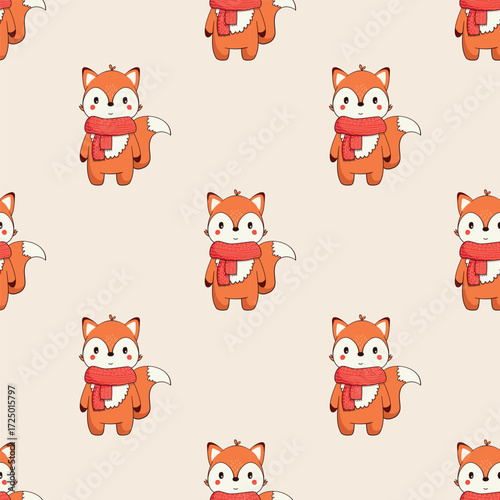 Seamless pattern with a red fox in a scarf. Children's print with a charming kawaii character