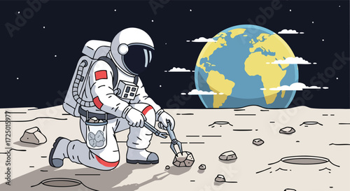 Astronaut on the Moon or an Asteroid Collecting Rock Samples with Pliers with the Earth Visible in the Background.