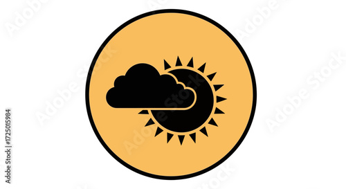Vivid graphic illustration of a cloud partially covering the sun, symbolizing mixed weather conditions, a partly cloudy forecast, or a variable sky