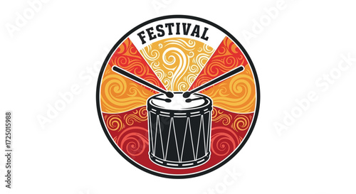 Dynamic Drum Festival Emblem with Vibrant Swirling Patterns, Perfect for Cultural Music Events and Lively Celebrations, Featuring a Traditional Percussion Instrument for Rhythmic Engagement