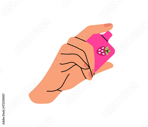 Person holds disposable in hand. Pink electronic cigarette, device for smoking. Modern vape pod, ecigarette with vaporizer, e cig in female palm. Flat isolated vector illustration on white background