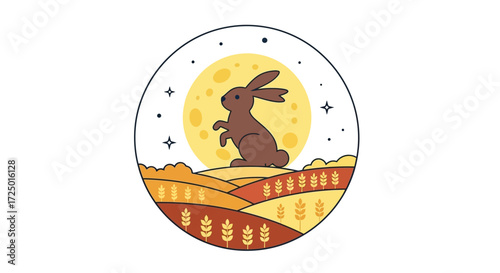 Whimsical illustration depicting a mythical moon rabbit silhouetted against a full moon above golden harvest fields, reflecting ancient Eastern folklore and tranquil autumnal nights