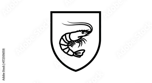 Elegant black and white line art illustration of a stylized shrimp within a heraldic shield, ideal for seafood branding, emblems, or graphic design elements, conveying quality and a classic aesthetic