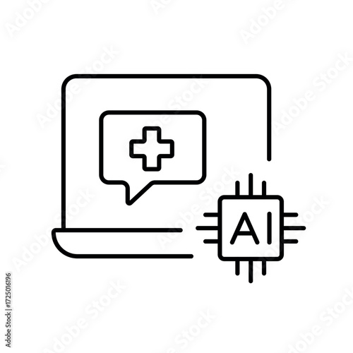 A vector icon showing a laptop with a medical chat bubble and AI chip, representing AI-assisted telemedicine services, created in line style with editable stroke
