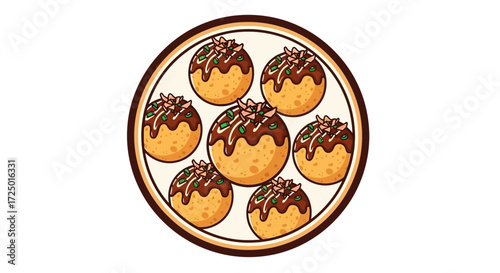 Delicious plate of traditional Japanese Takoyaki, savory fried octopus balls with a sweet and tangy sauce, perfect for an authentic Asian street food experience illustration