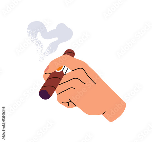 Person smokes Cuban cigar, Havana. Big burning cigarette with ash and cloud of fume in human hand. Smoker holds large cig with vapour and steam. Flat isolated vector illustration on white background