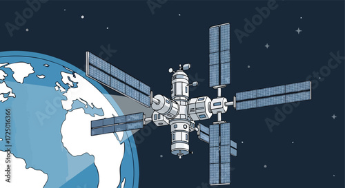Detailed Drawing of a Scientific Space Station with Large Solar Panels Orbiting the Planet Earth.
