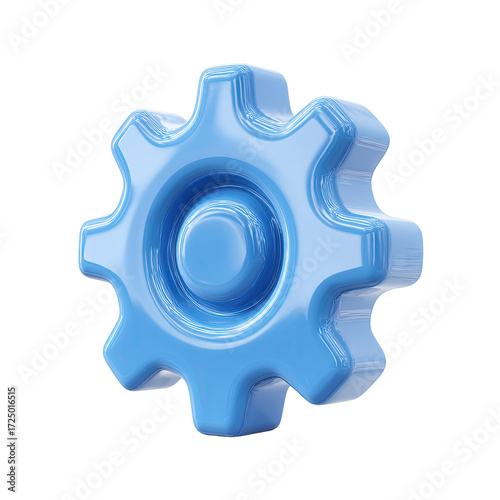 A light-blue, glossy, 3D-rendered gear with eight cogs and a concentric inner circle