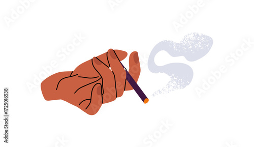 Burning cigarette with ash and cloud of fume in black human hand. African American smoker holds smoldering slim cigar. Person smokes butt of cig. Flat isolated vector illustration on white background