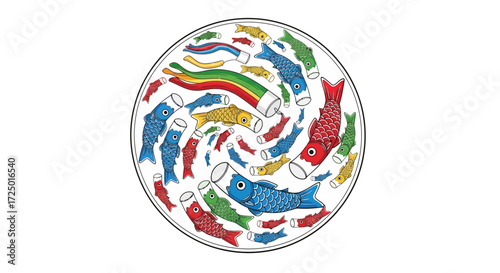 Colorful fish streamers in a vibrant circular pattern, embodying traditional Japanese culture and festive celebration. Dynamic artistic design for joyous childhood themes