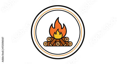 Minimalist campfire icon featuring vibrant burning flames and neatly stacked wooden logs, symbolizing warmth, outdoor adventure, and cozy gatherings in nature