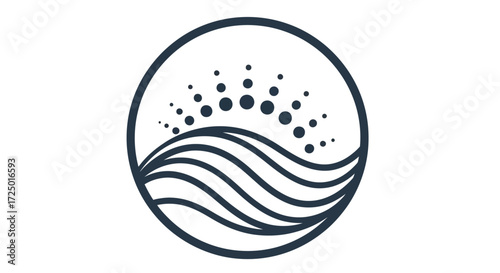 Elegant circular emblem featuring serene waves and radiant sunburst elements, symbolizing tranquility, vitality, and natural harmony for a modern aesthetic