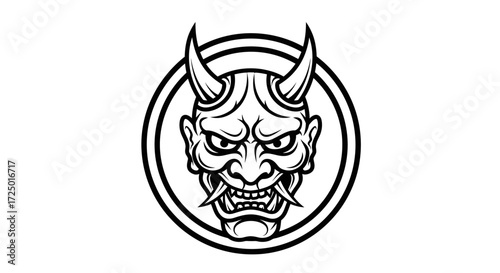 Striking Japanese Oni mask illustration, a powerful emblem of traditional folklore and ancient spiritual symbolism, presented within a bold circular vector design