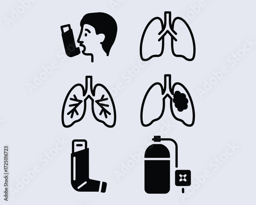 Illustrations Depicting Respiratory Health Lungs and Conditions Asthma Inhaler and Oxygen Tank Used for Respiratory Problems and Breathing Disorders Medical Concept