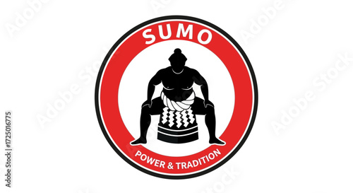 Dynamic graphic illustration capturing the essence of Japanese sumo wrestling, featuring a powerful wrestler silhouette within a bold, traditional emblem, symbolizing strength and cultural heritage