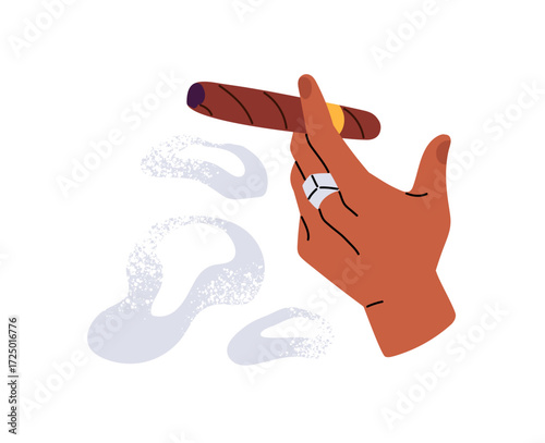 Person smokes Cuban cigar, Havana. Big burning cigarette with ash and cloud of fume in human hand. Smoker holds large cig with vapour, steam. Flat isolated vector illustration on white background