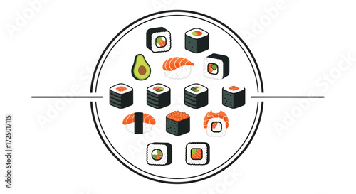 An appealing collection of diverse Japanese sushi rolls and nigiri, beautifully illustrated as a vibrant graphic design element for culinary and food-related projects