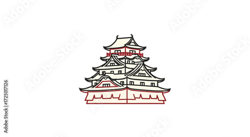 Clean line art of a multi-tiered Japanese castle, highlighting traditional Japanese architecture and its cultural importance as a prominent historic landmark