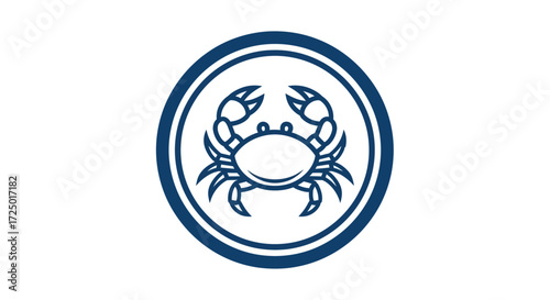 Minimalist blue crab illustration within a circular emblem, ideal for contemporary seafood branding, nautical design, or a clean aquatic logo, representing marine life