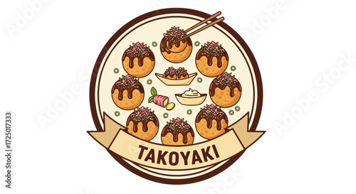 Authentic Japanese Takoyaki Octopus Balls Illustration, a Savory Asian Street Food Delicacy with Delicious Toppings and Sauce, perfect for culinary and cultural themes