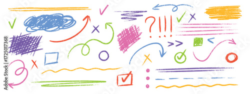 Colorful line collection with pencil crayon or chalk arrow mark and emphasis underline for annotations - checkmarks and circles, scribbles and wavy strokes. Hand drawn boxes for highlighting text.