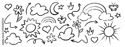 Hand drawn crayon doodles by kid for school with cute child artwork style - hearts and flowers, sun and clouds, rainbow, moon and stars, butterfly. Simple sketch collection with crowns and arrows