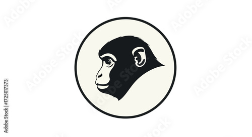 Abstract black and white illustration featuring a monkey's head in profile, framed within a sleek circular design, embodying a minimalist and sophisticated visual identity for various projects
