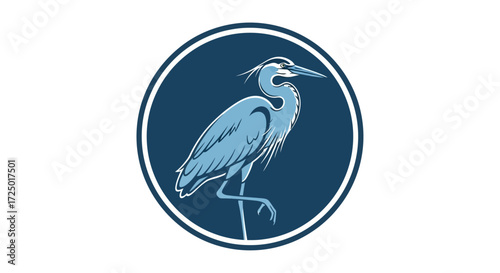 Stylized great blue heron vector illustration in a circular frame, ideal for branding, representing nature, wildlife, and elegant design concepts