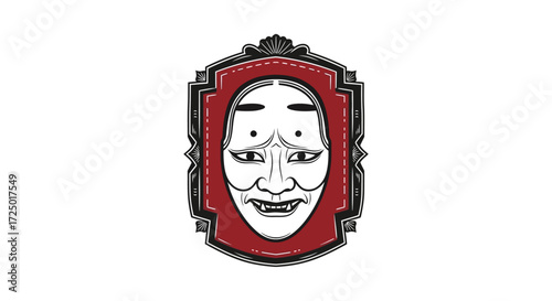Traditional Japanese Noh Mask Artwork with Elegant Ornate Frame Representing Ancient Theatrical Culture and Mysterious Expression