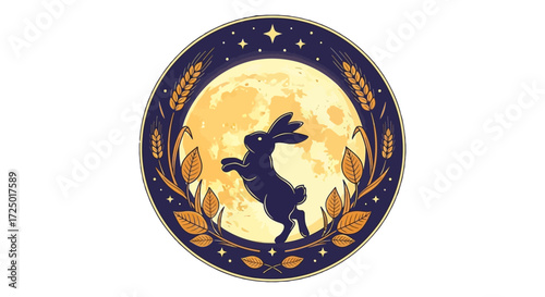 Whimsical illustration of a lively rabbit jumping before a majestic full moon, framed by bountiful golden wheat, celebrating celestial beauty and harvest traditions